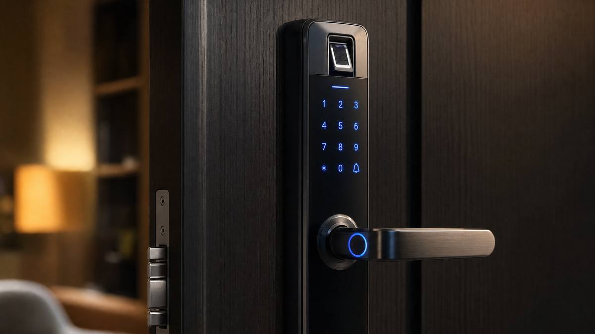 Cerradura digital inteligente con teclado numérico y lector de huella dactilar instalada en una puerta de madera oscura, representando la digitalización obligatoria de cerraduras en edificios públicos