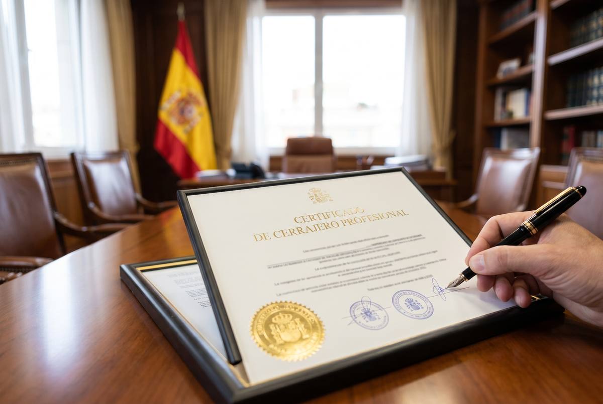 Certificado oficial de cerrajero profesional con sello dorado y bandera española siendo firmado en despacho oficial