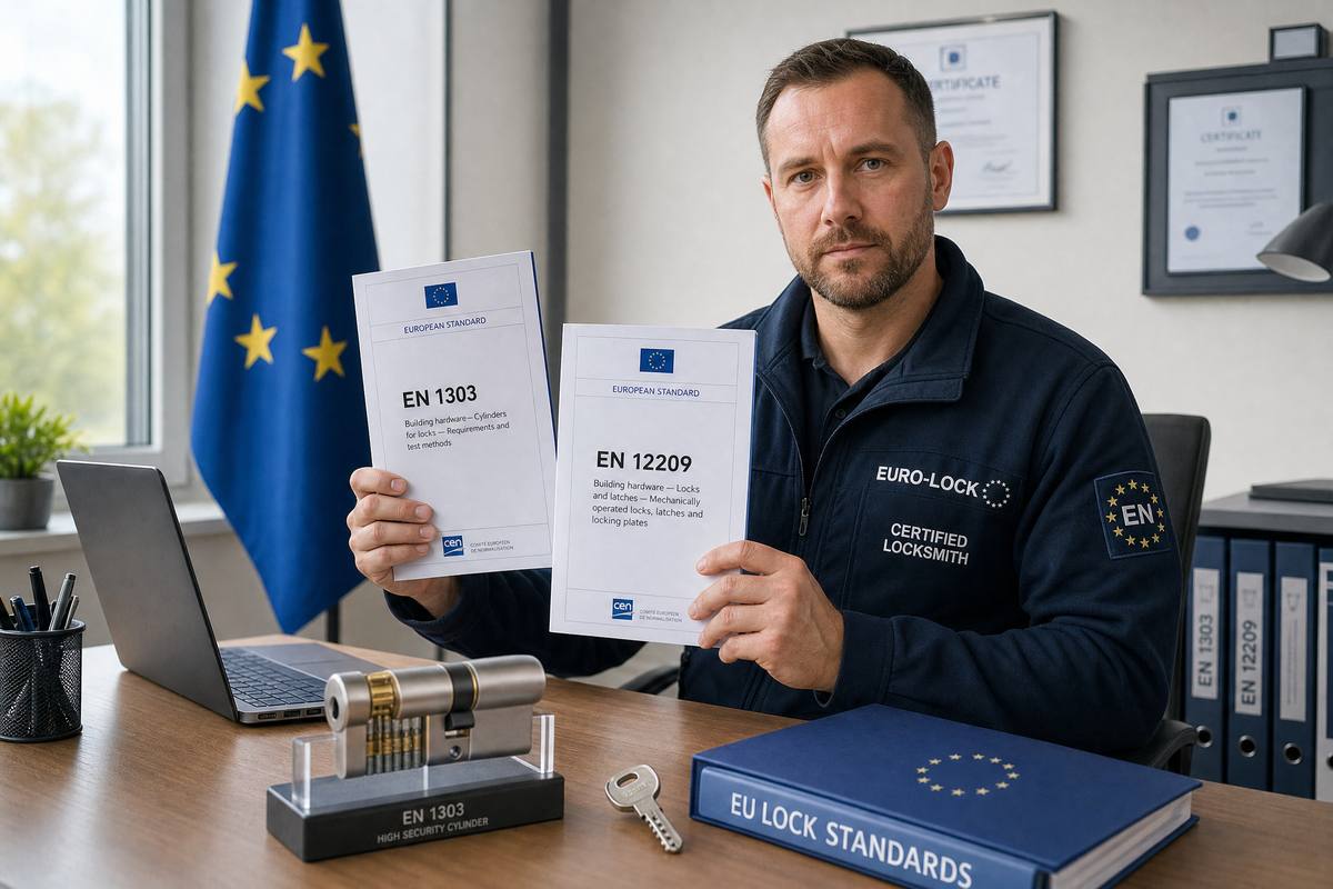 Cerrajero profesional con documentos de normativa europea EN 1303 y EN 12209 en una oficina con bandera de la UE