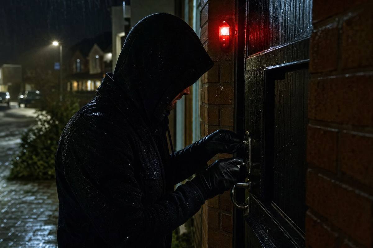 Silueta de un ladrón forzando una cerradura de puerta en la noche bajo la lluvia con alarma roja activada