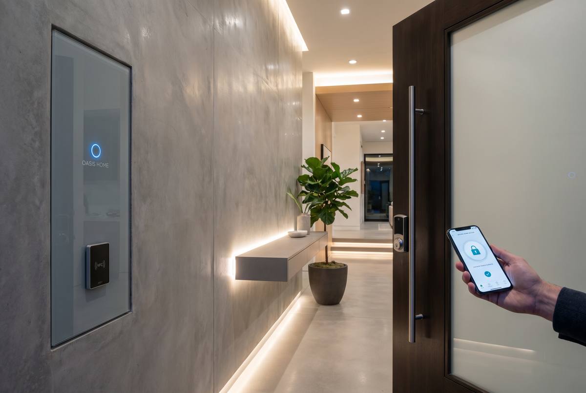 Entrada de hogar inteligente con lector NFC, asistente de voz y smartphone controlando la cerradura mediante aplicación
